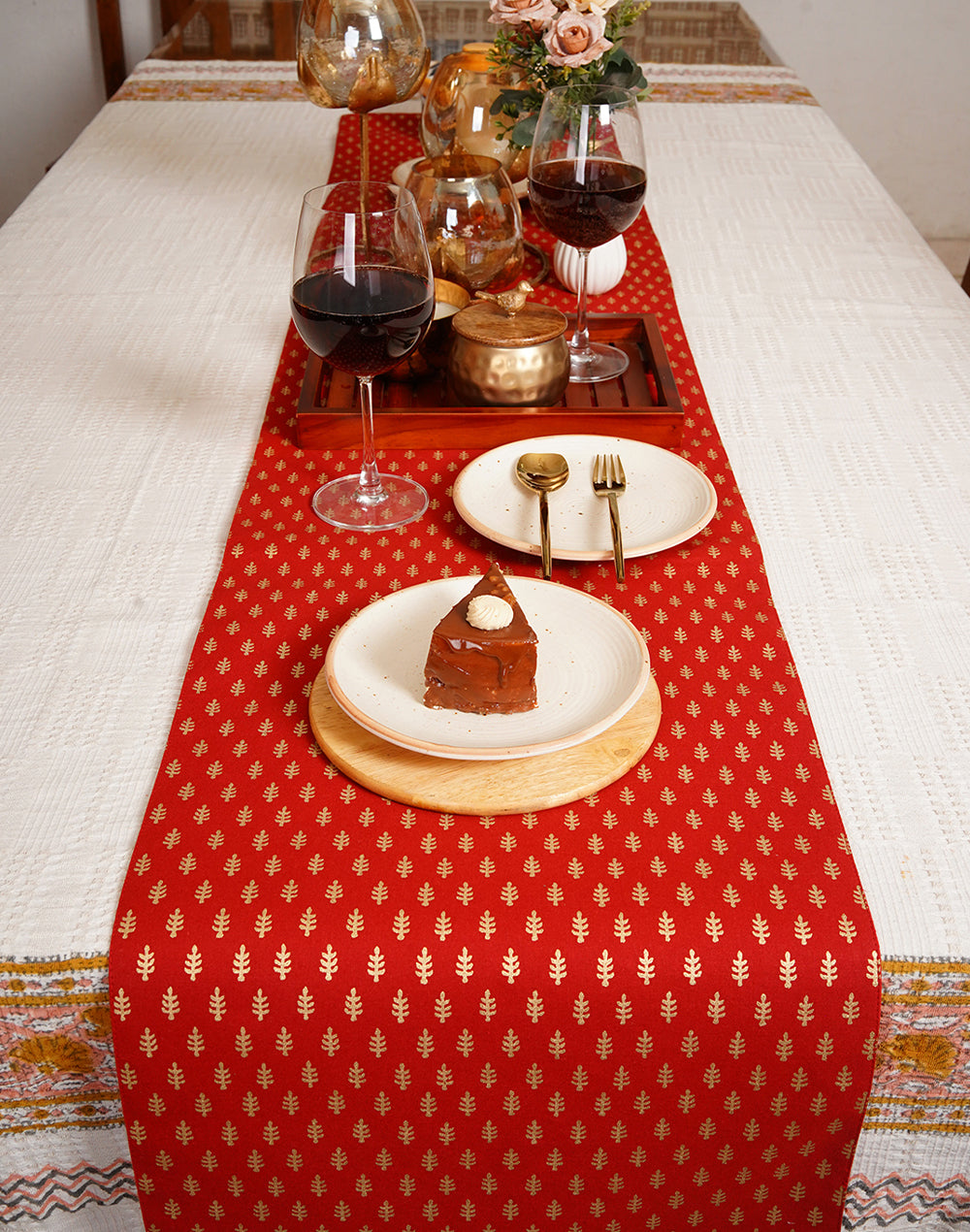 Red Decorative Gold Print Cotton Table Runner
