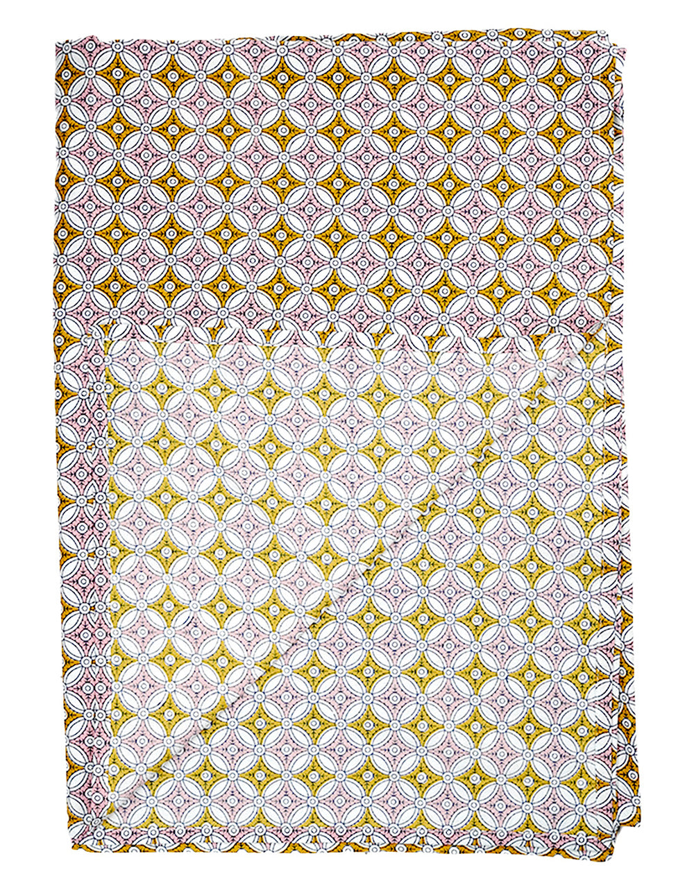 Patterned fabric with a geometric design on a white background