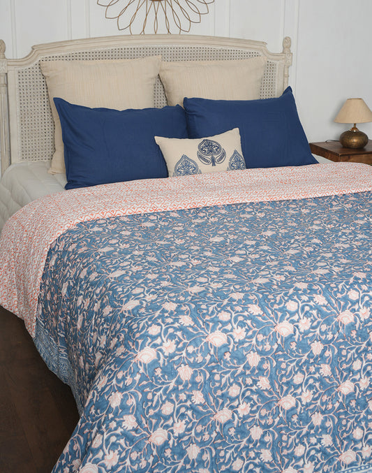Blue Block Printed 100% Cotton Quilt Reversible