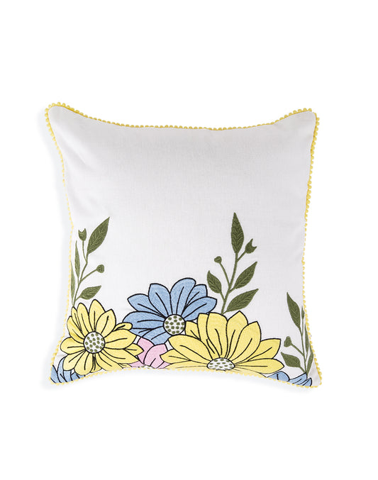 Set Of 2 - Off White Floral Embroidery Cotton Cushion Cover - 16"X16"