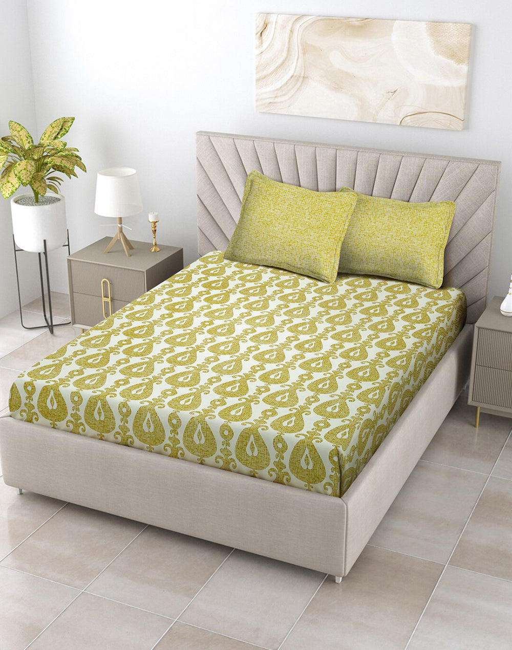 Queen Size - Green Geometric Print Cotton Besheet Set with 2 Pillow Covers