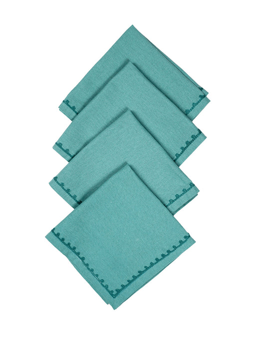 Set Of 4 - 10" Teal Embroidered Cocktail Napkin/ Party Napkins