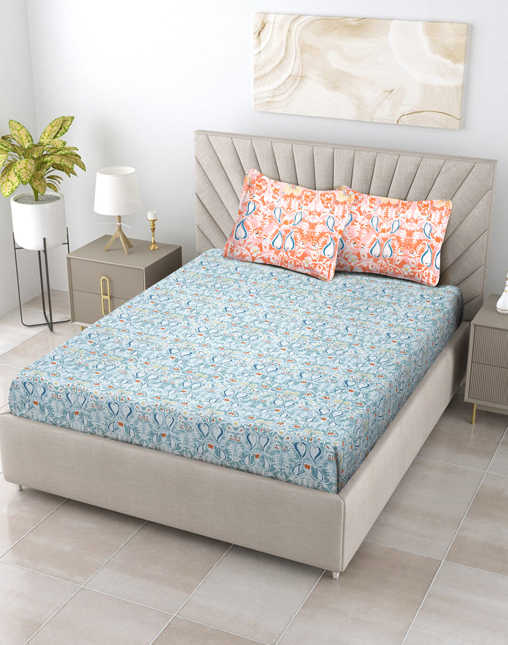 King Size - Blue Bedsheet Set wih 2 Pillowcovers