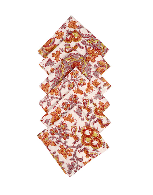 Set Of 6 - 10" Jacobean Jaal Printed Cotton Cocktail Napkin