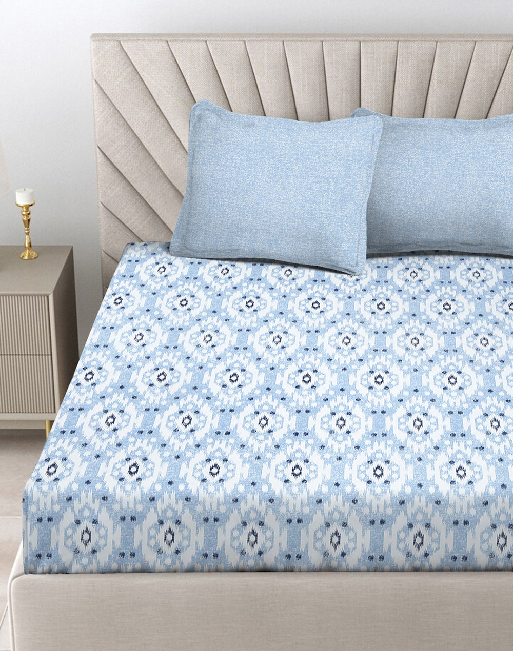King Size- Ikat Print Cotton Bedsheet Set with 2 Pillow Covers