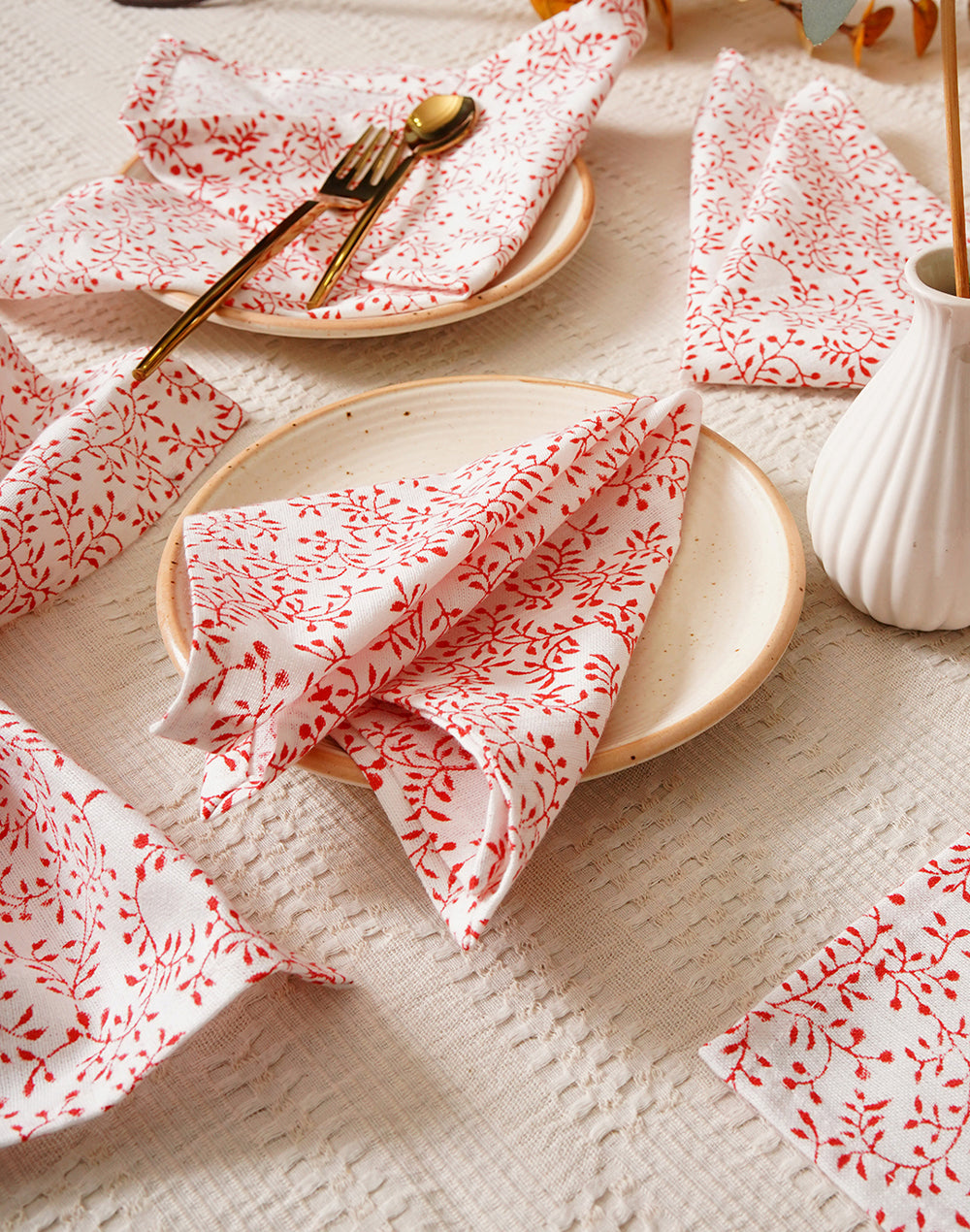 Set Of 6 - 12 " Red Leafy Cotton Printed Soft Napkin