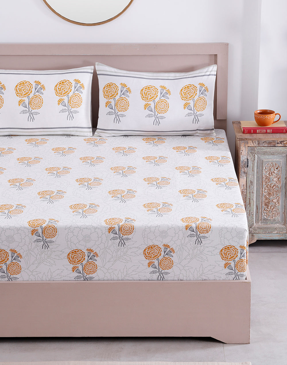 King Size - Yellow Marigold Cotton Bedsheet Set with 2 Pillow Covers