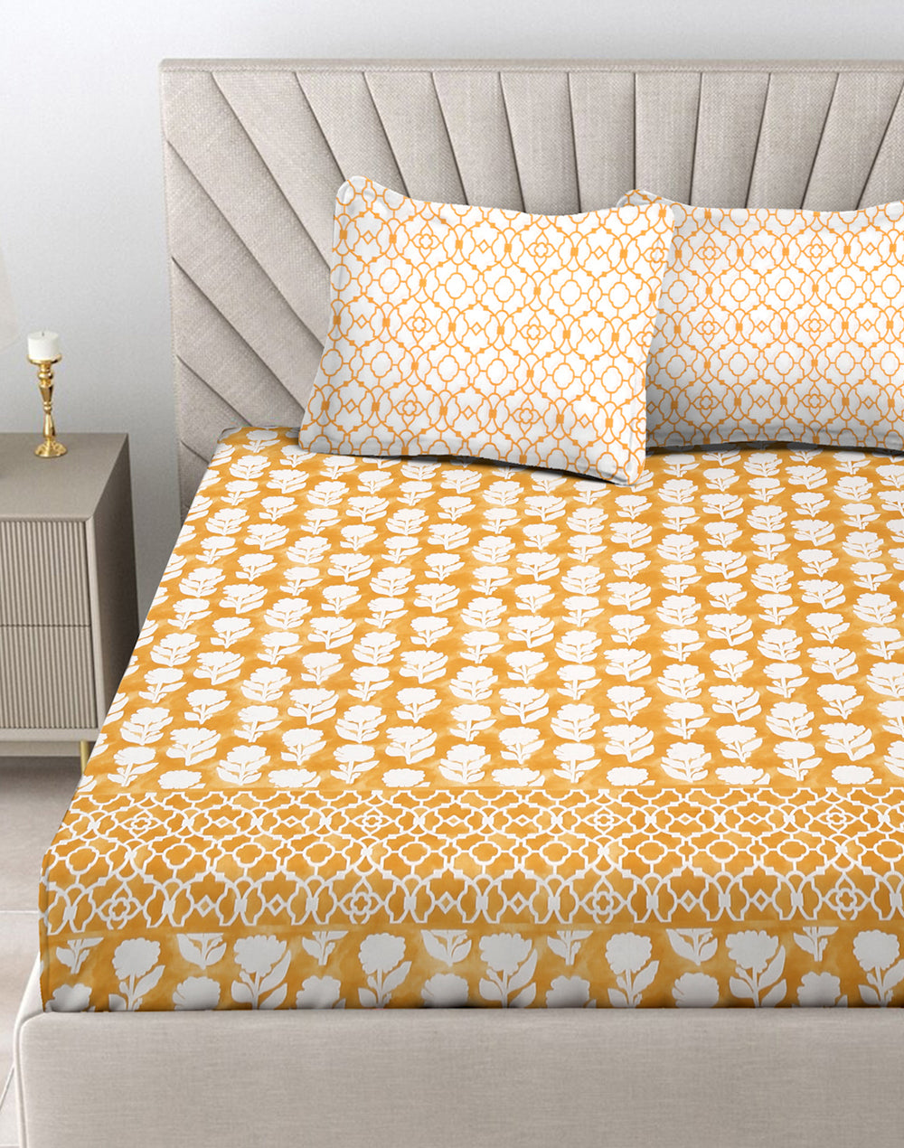 King Size - Yellow Floral Cotton Bedsheet Set with 2 Pillow Covers