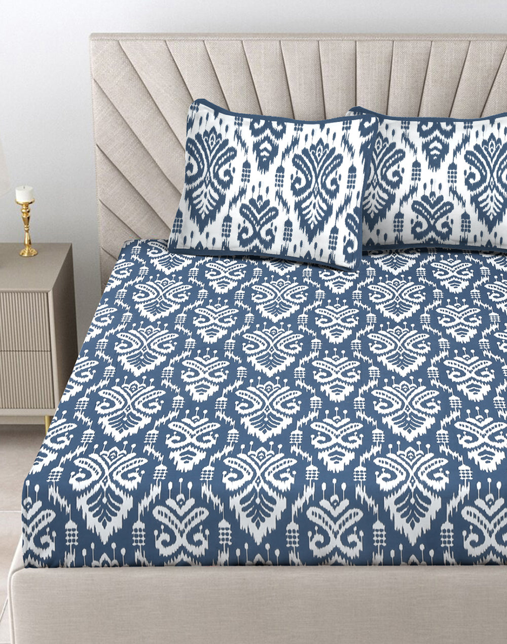 Queen Size - Blue Cotton Bedsheet Set With 2 Pillow Covers