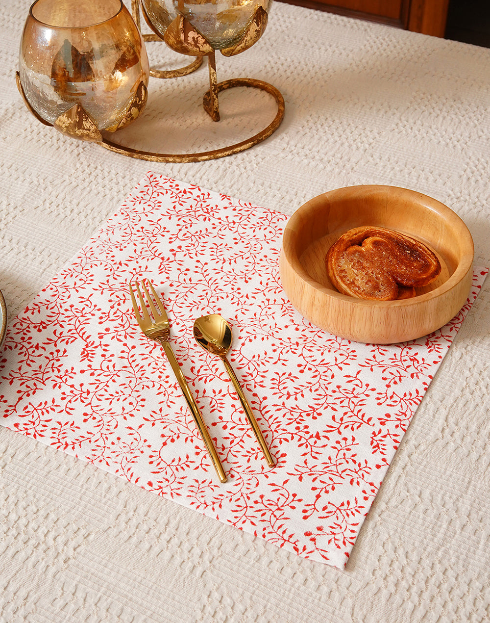 Set Of 6 - 12 " Red Leafy Cotton Printed Soft Napkin