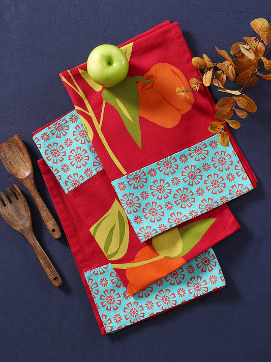 Set of 3 - Red Printed Reusable Cotton Kitchen Towel
