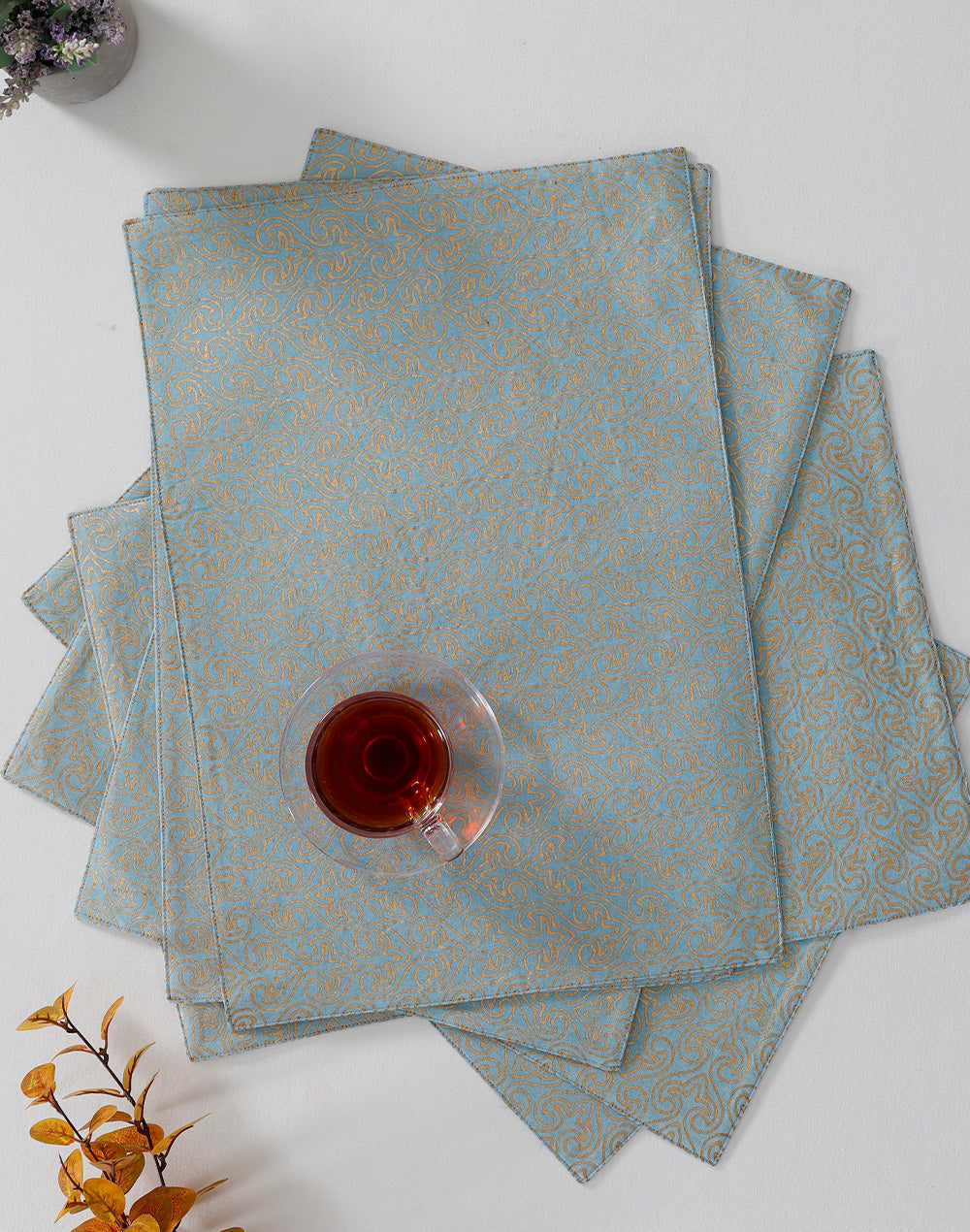Set Of 6 - Blue Cotton Decorative Placemat Set