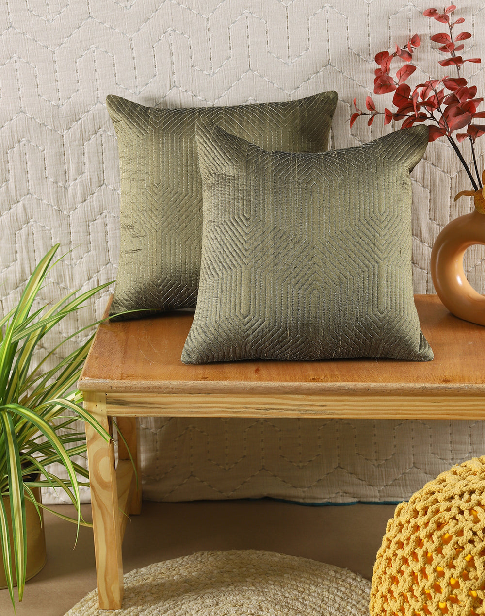 Set of 2 - Green Quilted Decorative Cushion Cover - 16"x16"