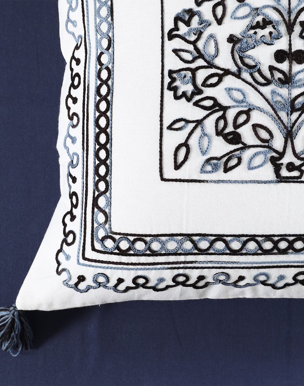 Set of 2 - Blue Square Embroidered Cotton Cushion Cover -16"x16"