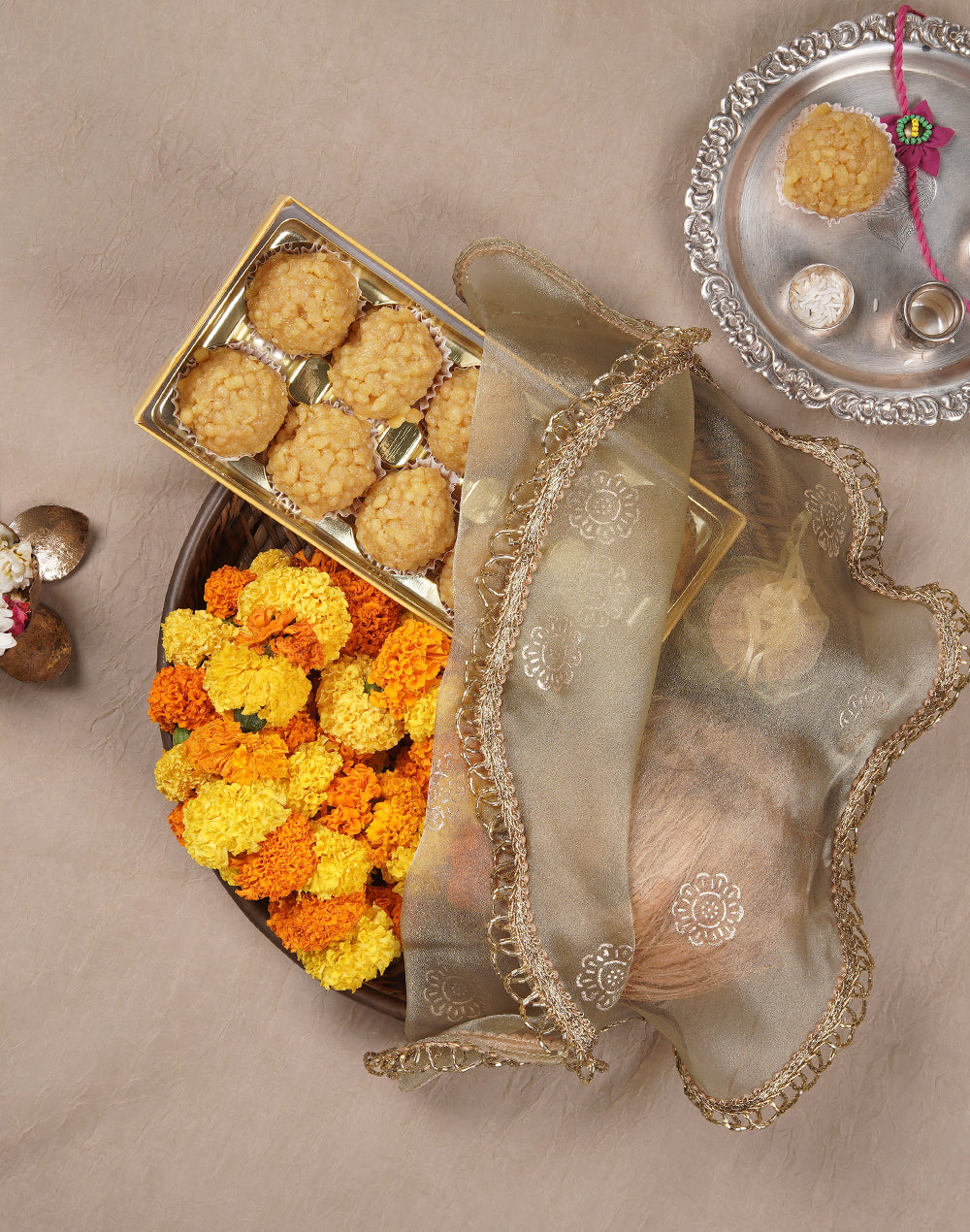 Gold Printed Thali Cover Set of 2 Pooja Thali Cover | Festive Thali Cover