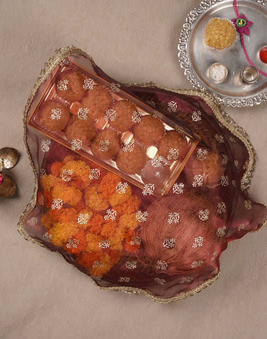 Red Gold Printed Thaal Cover set of 2| Pooja Thaal Cover| Festive Thaal Cover