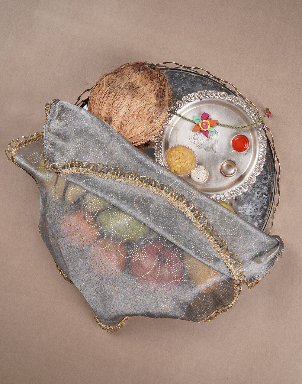 Grey Gold Printed Thali Cover Set of 2 | Pooja Thali Cover | Festive Thali Cover