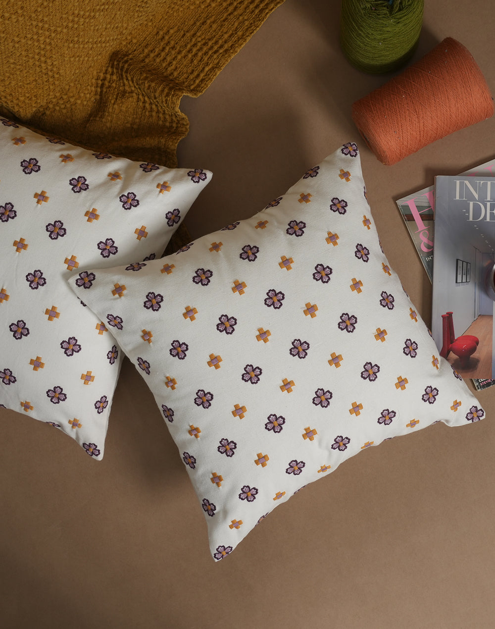 Set Of 2 - Purple Embroidered Cushion Cover - 16"X16"