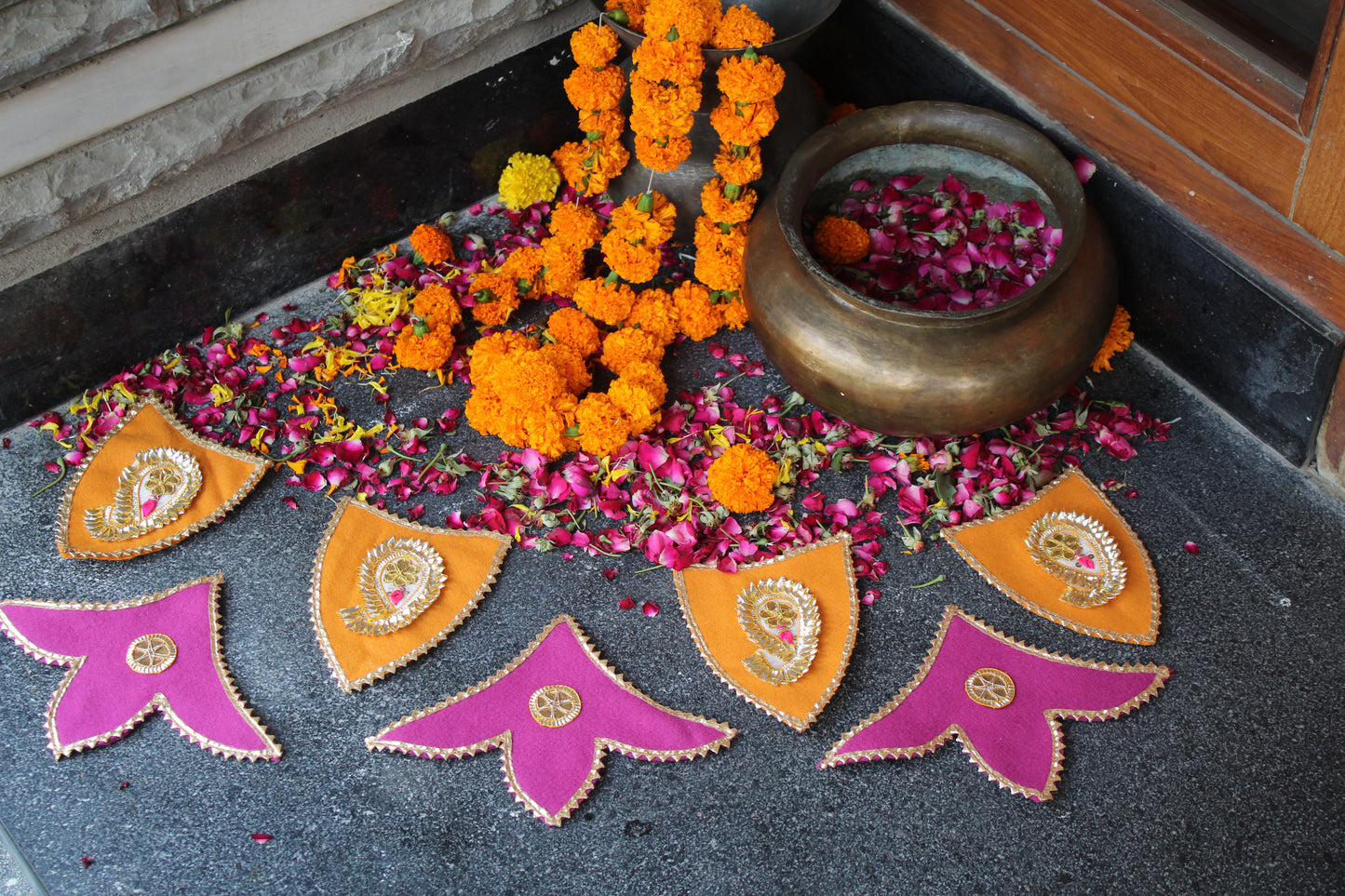 Handmade Gota Diwali Fabric Reuseable Rangoli Pink and Orange
