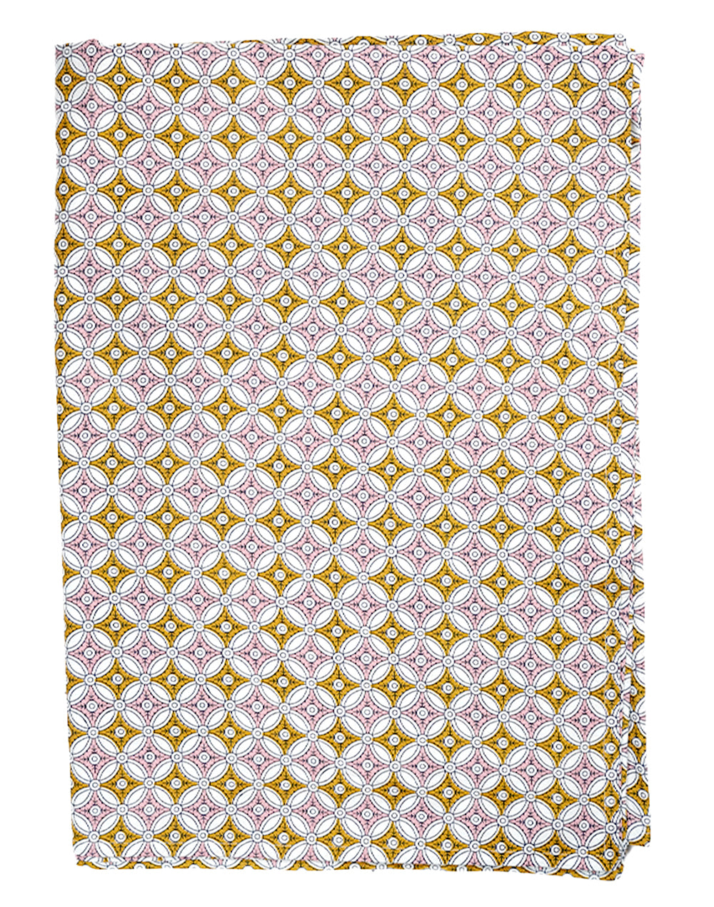 Patterned fabric with a geometric design in yellow, pink, and white on a white background