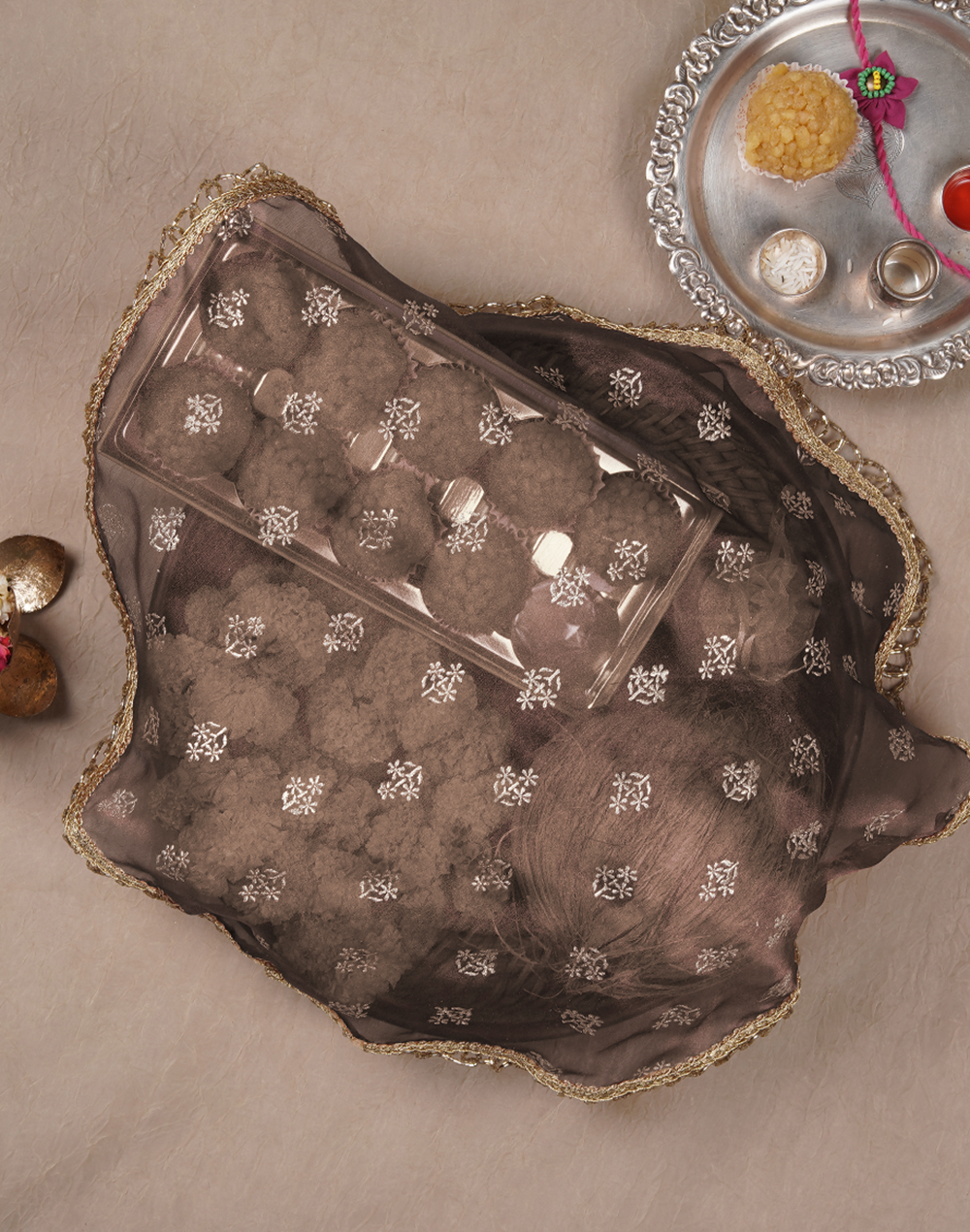 Brown Gold Printed Thaal Cover set of 2| Pooja Thaal Cover| Festive Thaal Cover