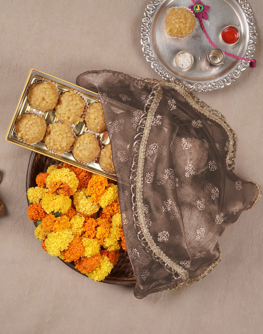 Brown Gold Printed Thaal Cover set of 2| Pooja Thaal Cover| Festive Thaal Cover