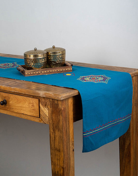 Blue Cotton Embroidered Center Table Runner