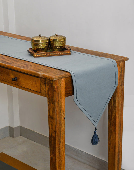 Modern Grey Cotton Table Runner With Tassel