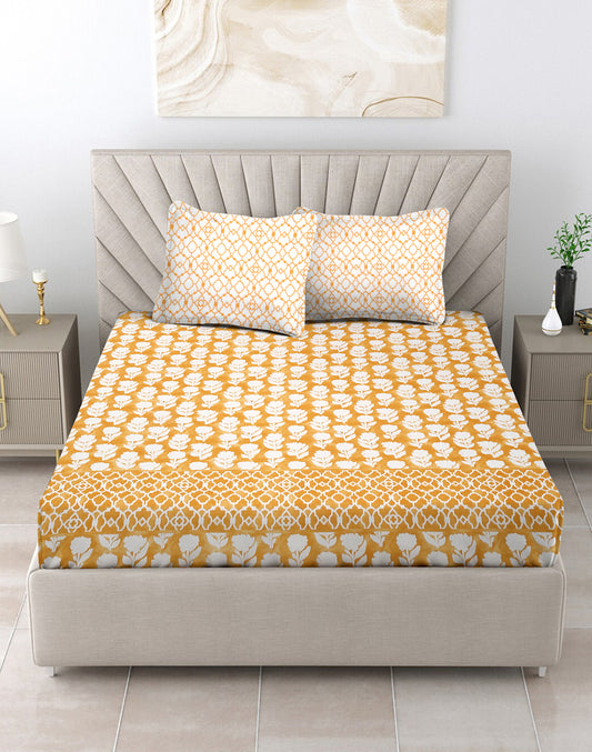 King Size - Yellow Floral Cotton Bedsheet Set with 2 Pillow Covers