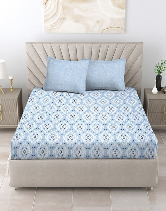 King Size- Ikat Print Cotton Bedsheet Set with 2 Pillow Covers