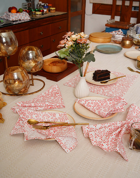 Set Of 6 - 12 " Red Leafy Cotton Printed Soft Napkin
