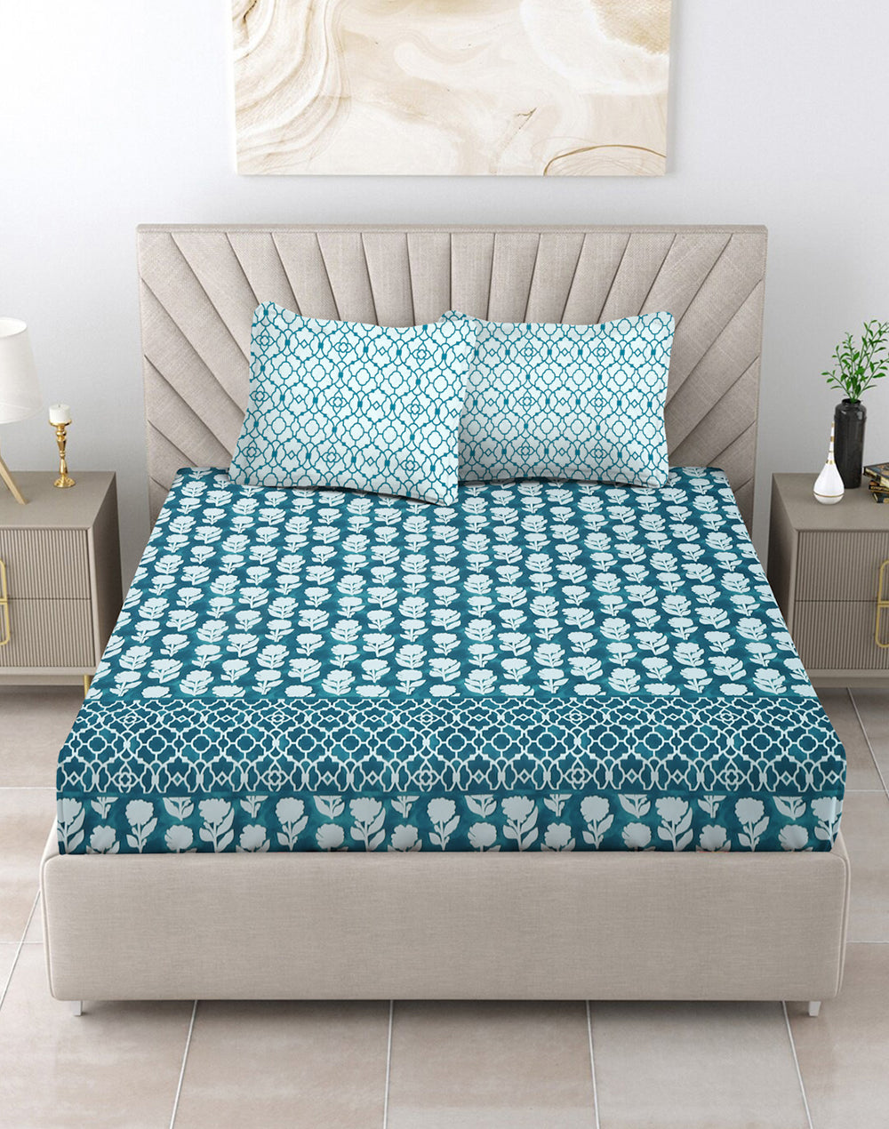 King Size - Green Floral Cotton Bedsheet Set with 2 Pillow Covers