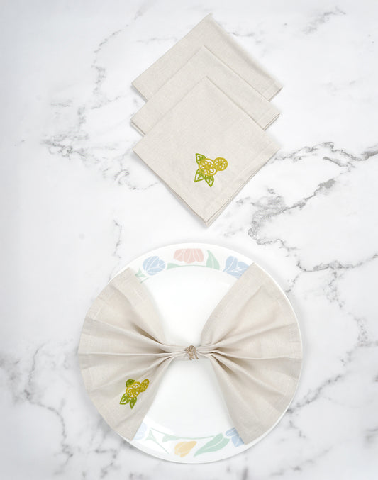 Set Of 4 - 10" Lemon Embroidered Cocktail Napkin/ Party Napkins