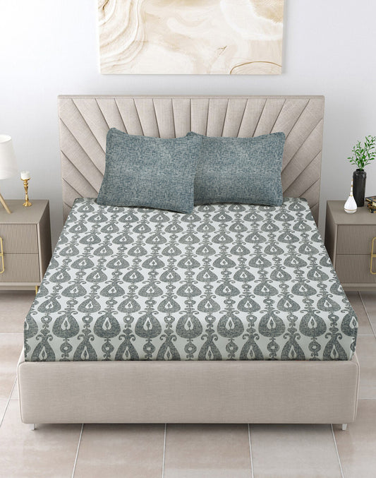 Queen Size - Grey Geometric Print Cotton Besheet Set with 2 Pillow Covers