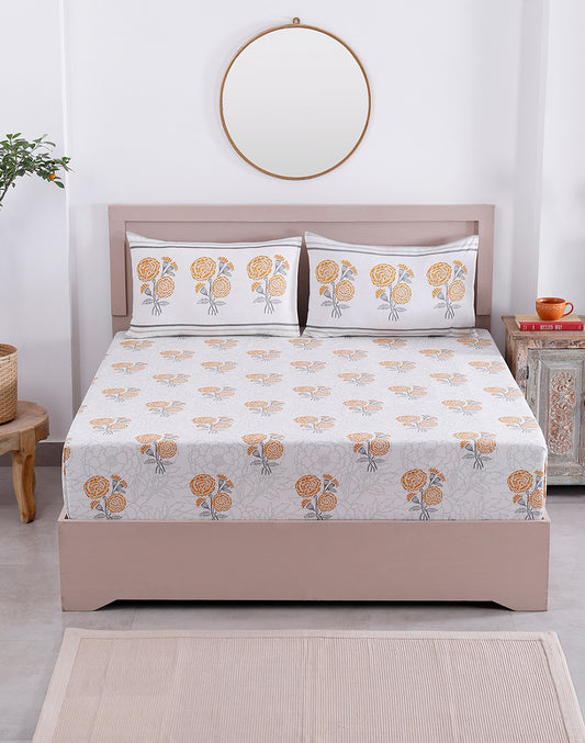 King Size - Yellow Marigold Cotton Bedsheet Set with 2 Pillow Covers