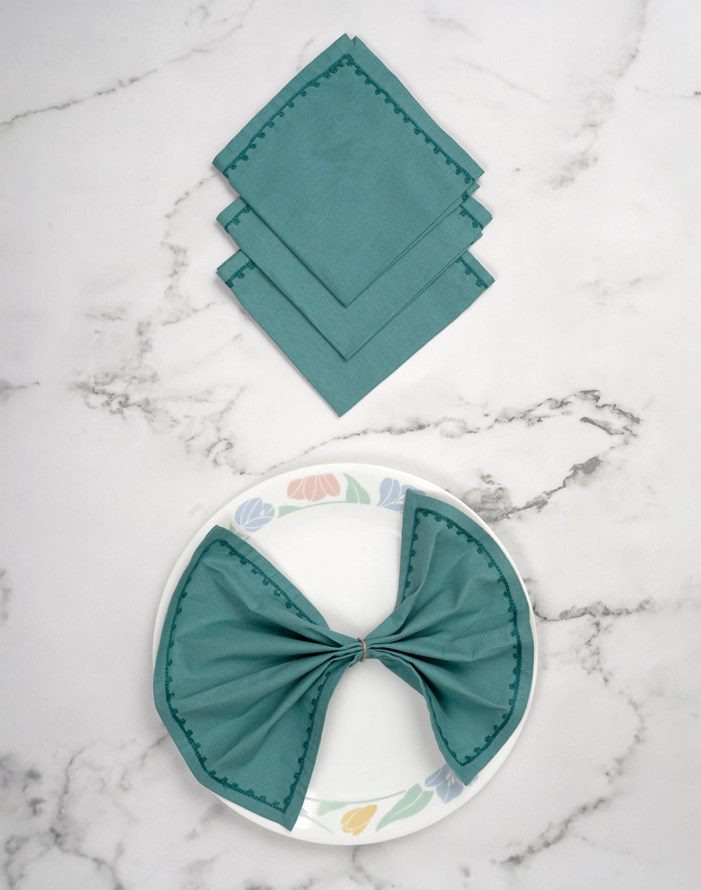 Set Of 4 - 10" Teal Embroidered Cocktail Napkin/ Party Napkins