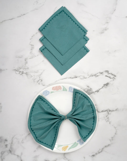 Set Of 4 - 10" Teal Embroidered Cocktail Napkin/ Party Napkins