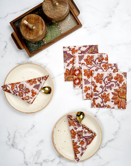 Set Of 6 - 10" Jacobean Jaal Printed Cotton Cocktail Napkin