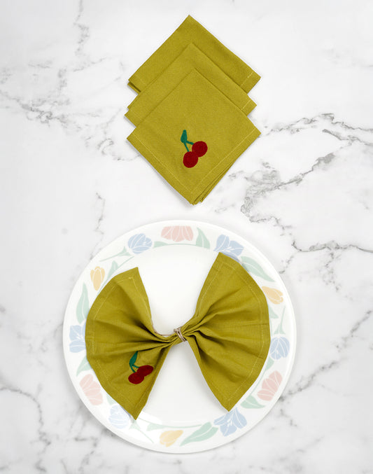 Set Of 4 - 8" Cherry Embroidered Cocktail Napkins/ Party Napkins