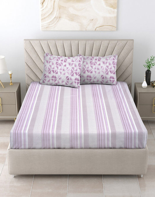 King Size- Purple Stripes Cotton Bedsheet Set with 2 Pillow Covers