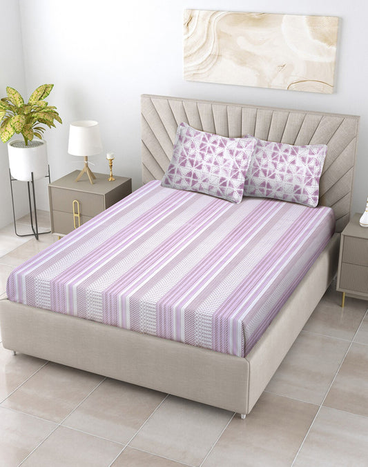 King Size- Purple Stripes Cotton Bedsheet Set with 2 Pillow Covers