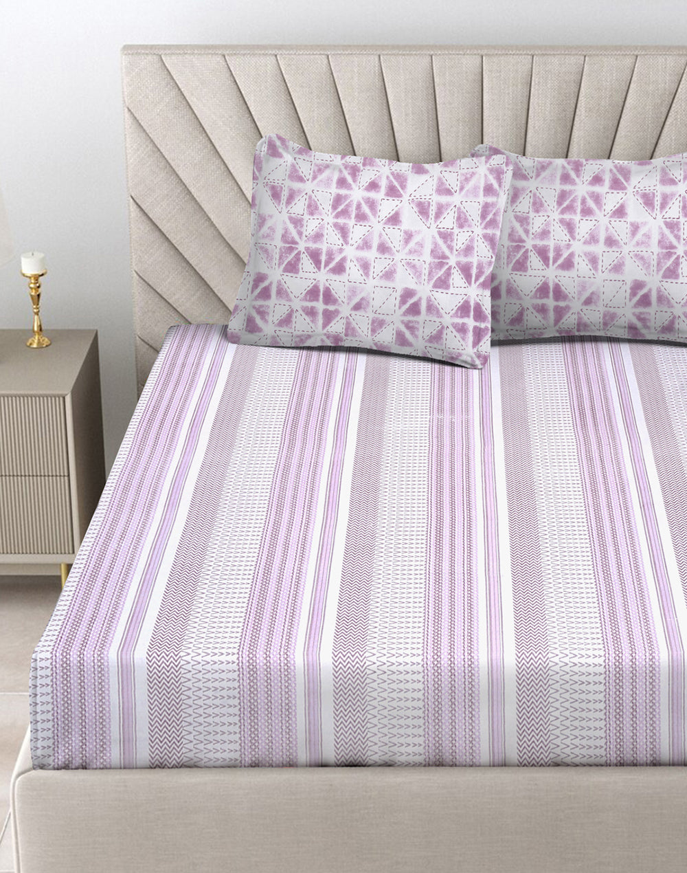 King Size- Purple Stripes Cotton Bedsheet Set with 2 Pillow Covers