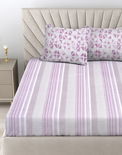 King Size- Purple Stripes Cotton Bedsheet Set with 2 Pillow Covers