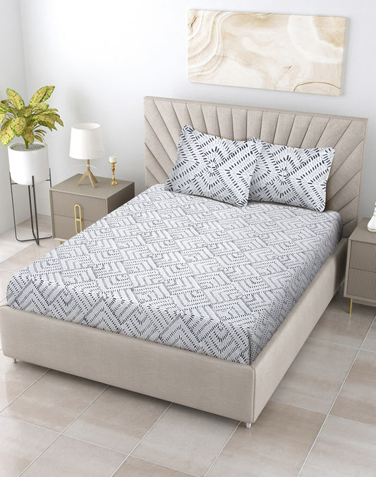 King Size - Grey Abstract Cotton Besheet Set With 2 Pillow Covers