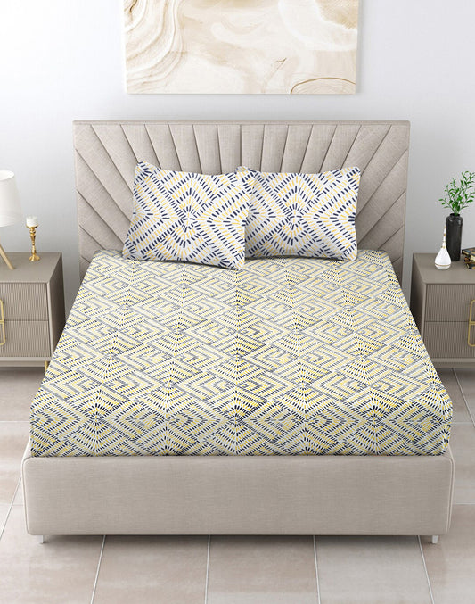 King Size - Yellow Abstract Cotton Besheet Set With 2 Pillow Covers