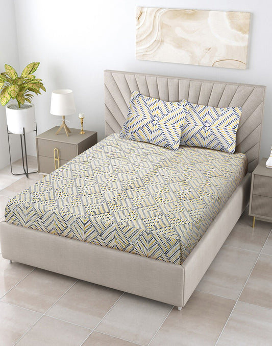 King Size - Yellow Abstract Cotton Besheet Set With 2 Pillow Covers