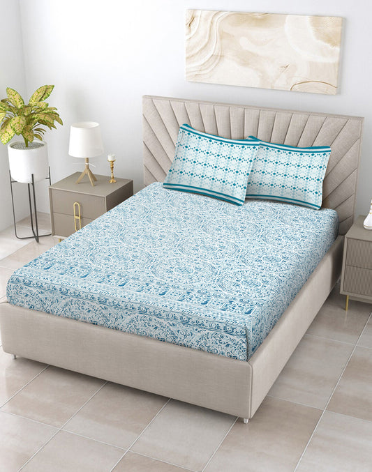 Queen Size - Blue Mandala Print Cotton Bedsheet Set with 2 Pillow Covers