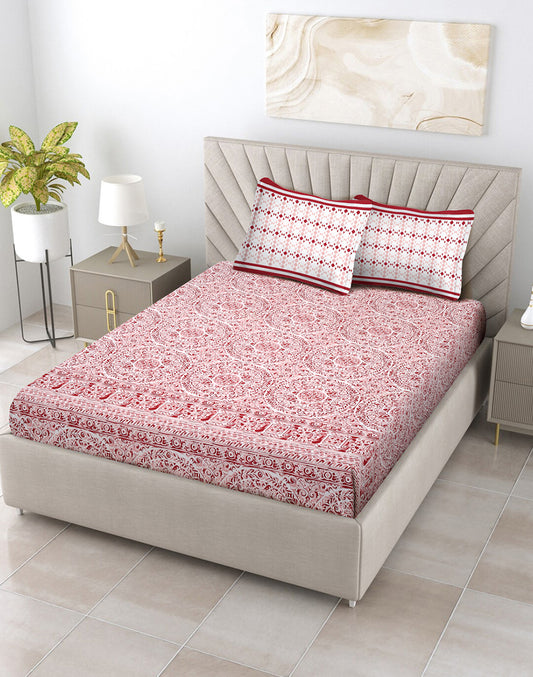 Queen Size - Red Mandala Print Cotton Bedsheet Set with 2 Pillow Covers
