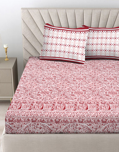 Queen Size - Red Mandala Print Cotton Bedsheet Set with 2 Pillow Covers