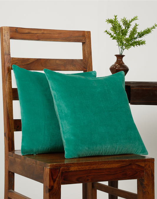 Set Of 2 - Green Solid Velvet Cushion Cover 16"X16"